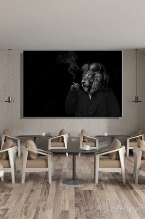 Yatay Kanvas Tablo Tekli Ev Kafe Ofis Takım Elbiseli Sigara İçen Erkek Aslan Portresi 2731