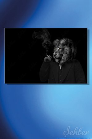 Yatay Kanvas Tablo Tekli Ev Kafe Ofis Takım Elbiseli Sigara İçen Erkek Aslan Portresi 2731