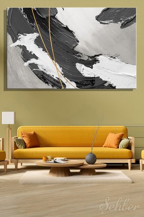Yatay Kanvas Tablo Tekli Ev Kafe Ofis Siyah Beyaz Altın Detaylara Sahip Modern Soyut 2736