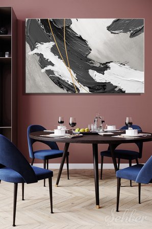 Yatay Kanvas Tablo Tekli Ev Kafe Ofis Siyah Beyaz Altın Detaylara Sahip Modern Soyut 2736