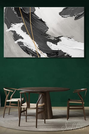 Yatay Kanvas Tablo Tekli Ev Kafe Ofis Siyah Beyaz Altın Detaylara Sahip Modern Soyut 2736