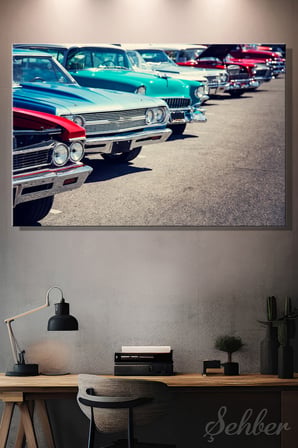 Kanvas Tablo Yatay Tekli Ev Kafe Ofis 1950'lere 1960'lara Ait Klasik Amerikan Otomobilleri 2761