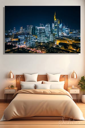Yatay Kanvas Tablo Tekli Ev Kafe Ofis Almanya Finans Merkezi Frankfurt Am Main Gece Manzara 2762