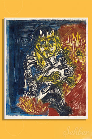 Kanvas Tablo Dikey Tekli Ev Kafe Ofis Ernst Ludwig Kirchner Çocuk ve Kedili Kadın Eseri 2774