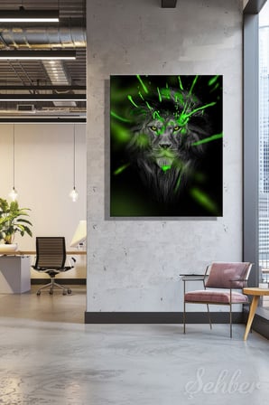 Dikey Kanvas Tablo Tekli Ev Kafe Ofis Siyah Fon Neon Yeşili Sıçrama Soyut Aslan Portre 2778