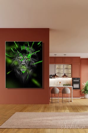 Dikey Kanvas Tablo Tekli Ev Kafe Ofis Siyah Fon Neon Yeşili Sıçrama Soyut Aslan Portre 2778