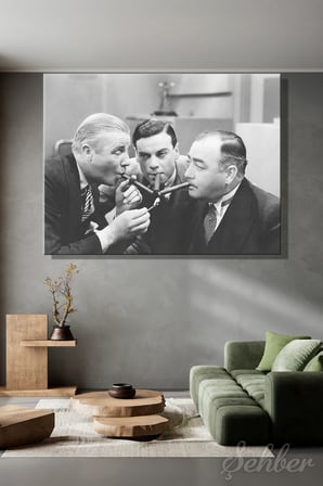 Yatay Kanvas Tablo Tekli Ev Kafe Ofis Siyah Beyaz Nostaljik Tek Kibritle Puro Yakan 3 Adam 2787