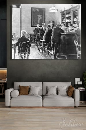 Kanvas Tablo Yatay Tekli Ev Kafe Ofis Barda Oturan İnsanlar Siyah Beyaz Retro Fotoğraf 2791