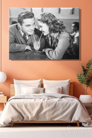 Yatay Kanvas Tablo Tekli Ev Kafe Ofis Siyah Beyaz Nostaljik Kafede Milkshake Paylaşan Çift 2792