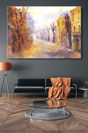 Yatay Kanvas Tablo Tekli Ev Kafe Ofis Sonbahar Atmosferine Sahip Şehir Sokağı Betimlemesi 2807