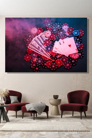 Kanvas Tablo Yatay Tekli Ev Kafe Ofis Dumanlı Atmosfer Poker Fişleri Oyun Kartları Dolarlar 2859