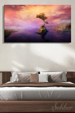 Panoramik Yatay Kanvas Tablo Tekli Ev Kafe Ofis Pembe Tonlarda Dijital Dağ Ve Göl Manzara 2864