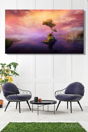 Panoramik Yatay Kanvas Tablo Tekli Ev Kafe Ofis Pembe Tonlarda Dijital Dağ Ve Göl Manzara 2864