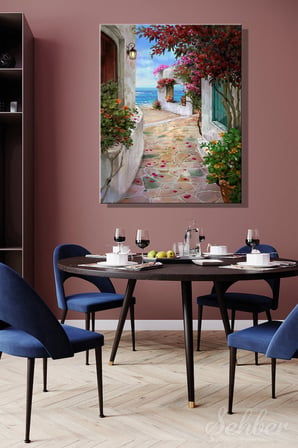 Dikey Kanvas Tablo Tekli Ev Kafe Ofis Bodrum Taş Sokağı Begonviller Manzara 2877