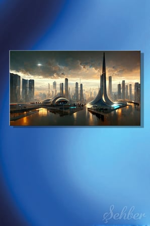 Panoramik Yatay Kanvas Tablo Tekli Ev Kafe Ofis Yapay Zeka Fütüristik Şehir Manzarası 2887