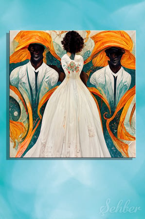 Kanvas Tablo Kare Tekli Black Women in White Dress Art Noveau Sanat Çalışması İllüstrasyon 2888
