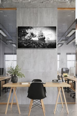 Panoramik Yatay Kanvas Tablo Tekli Ev Kafe Ofis Siyah Beyaz Hareketli Gravür Deniz Yelkenlisi 2901