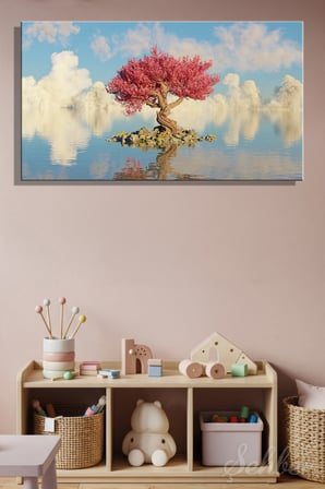 Kanvas Tablo Yatay Tekli Ev Kafe Ofis Lonely Fairy Tale Tree Yalnız Masal Ağacı Pembe Çiçekli 2915