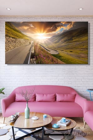 Panoramik Yatay Kanvas Tablo Tekli İtalyan Alplerinde Gün Batımında Motorsikletli Sürücü 2944