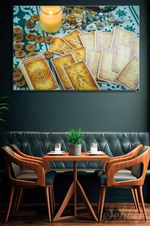 Dekoratif Kanvas Tablo Yatay Tekli Ev Kafe Ofis Mumlar Rün Taşları İle Çevrili Tarot Kartları 2964