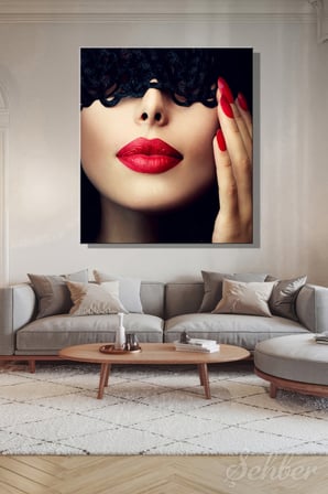  Siyah Dantel Maskeli Kırmızı Rujlu Kadın Model Fotoğrafı Kare Kanvas Tablo Tekli Ev Kafe Ofis 3205