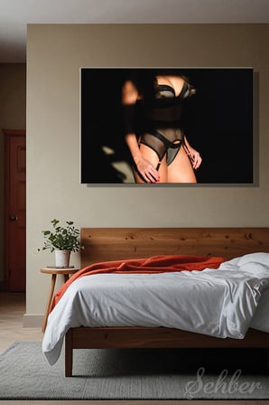 Siyah Ağ Detaylı İç Çamaşırlı Kadın Model Sanatsal Renkli Fotoğraf Dikey Kanvas Tablo Tekli 3233