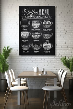 Kahve Menüsü Dekoratif Dikey Kanvas Tablo Tekli Lokanta Kafe Restoran Mutfak 3354