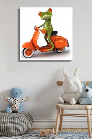 Turuncu Scooter Kullanan Sevimli Kurbağa Kare Kanvas Tablo Tekli Çocuk Odası Kreş 3368