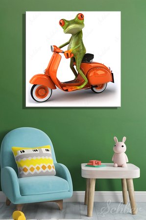 Turuncu Scooter Kullanan Sevimli Kurbağa Kare Kanvas Tablo Tekli Çocuk Odası Kreş 3368