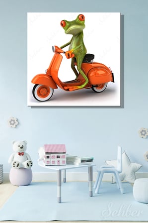 Turuncu Scooter Kullanan Sevimli Kurbağa Kare Kanvas Tablo Tekli Çocuk Odası Kreş 3368