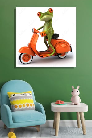 Turuncu Scooter Kullanan Sevimli Kurbağa Kare Kanvas Tablo Tekli Çocuk Odası Kreş 3368