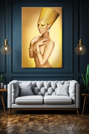 Altın Sarısı Vücut Boyalı Nefertiti Temalı Kadın Model Dikey Kanvas Tablo Tekli Ev Kafe Ofis 3390