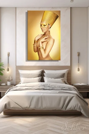 Altın Sarısı Vücut Boyalı Nefertiti Temalı Kadın Model Dikey Kanvas Tablo Tekli Ev Kafe Ofis 3390