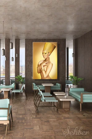 Altın Sarısı Vücut Boyalı Nefertiti Temalı Kadın Model Dikey Kanvas Tablo Tekli Ev Kafe Ofis 3390