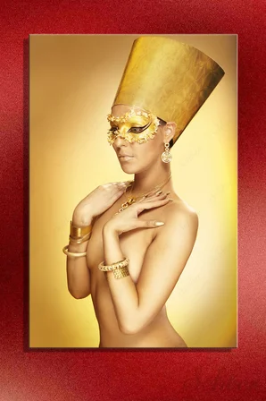 Altın Sarısı Vücut Boyalı Nefertiti Temalı Kadın Model Dikey Kanvas Tablo Tekli Ev Kafe Ofis 3390