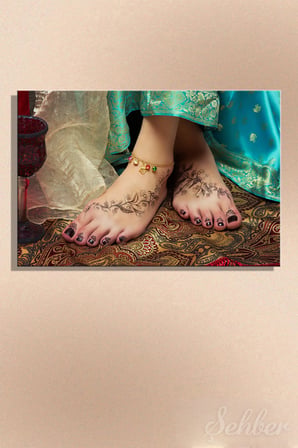 Henna Desenleri İle Süslenmiş Ayaklar Yatay Kanvas Tablo Tekli Kuaför Güzellik Salonu Tattoo 3398