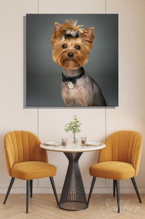 Saçları Fiyonklu Yorkshire Terrier Köpek Portre Dekoratif Kare Kanvas Tablo Tekli Ev Kafe Ofis 3429