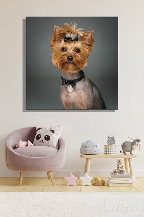 Saçları Fiyonklu Yorkshire Terrier Köpek Portre Dekoratif Kare Kanvas Tablo Tekli Ev Kafe Ofis 3429