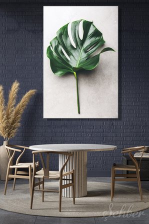 Gri Arka Plan Üzerinde Monstera Yaprağı İçeren Minimalist Dekoratif Dikey Kanvas Tablo Tekli 3466
