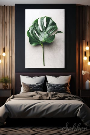 Gri Arka Plan Üzerinde Monstera Yaprağı İçeren Minimalist Dekoratif Dikey Kanvas Tablo Tekli 3466