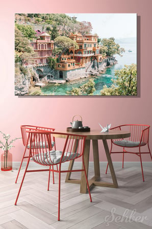 İtalya Sahil Kasabası Portofino'nun Panoramik Manzarası Yatay Kanvas Tablo Tekli Ev Kafe Ofis 3473