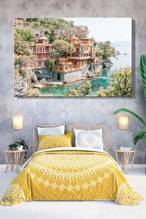 İtalya Sahil Kasabası Portofino'nun Panoramik Manzarası Yatay Kanvas Tablo Tekli Ev Kafe Ofis 3473