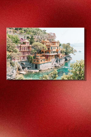 İtalya Sahil Kasabası Portofino'nun Panoramik Manzarası Yatay Kanvas Tablo Tekli Ev Kafe Ofis 3473