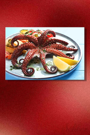 Kanvas Tablo Otlar Sebzeler Limon Dilimleri Kızartılmış Ahtapot Yatay Duvar Tablosu - 3580