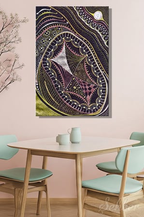 Siyah Fon Gümüş Pembe Renkli Desenlere Sahip Soyut Sanat Dikey Kanvas Tablo Tekli 3603