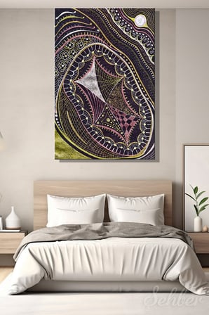 Siyah Fon Gümüş Pembe Renkli Desenlere Sahip Soyut Sanat Dikey Kanvas Tablo Tekli 3603