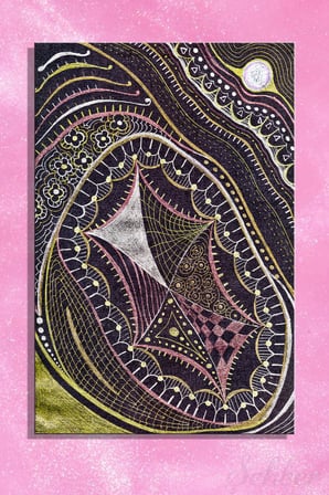 Siyah Fon Gümüş Pembe Renkli Desenlere Sahip Soyut Sanat Dikey Kanvas Tablo Tekli 3603