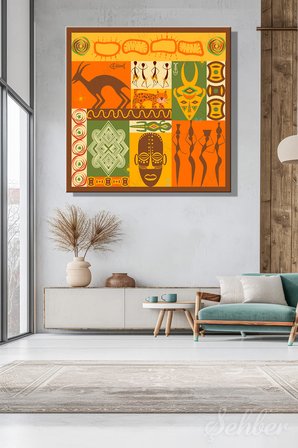 Afrika'ya Özgü Geleneksel Maskeler Hayvan Figürleri Ve Geometrik Desenler Kare Kanvas Tablo Tekli 3619