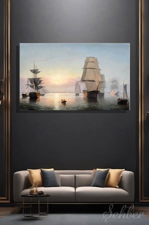 Fitz Henry Lane'in Ünlü "Boston Harbor, Sunset" Adlı Tablosu Yatay Kanvas Tablo Tekli 3734
