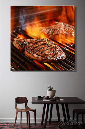 Alevli Mangalda Izgara Yapılan Kemikli Antrikot (Ribeye Steak) Parçaları Kare Kanvas Tablo Tekli 3766